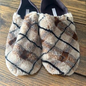 Cole Haan Brown Plaid Faux Fur Shearling Slippers